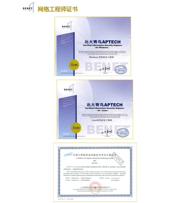 北大青鳥網絡工程師畢業專業認證證書